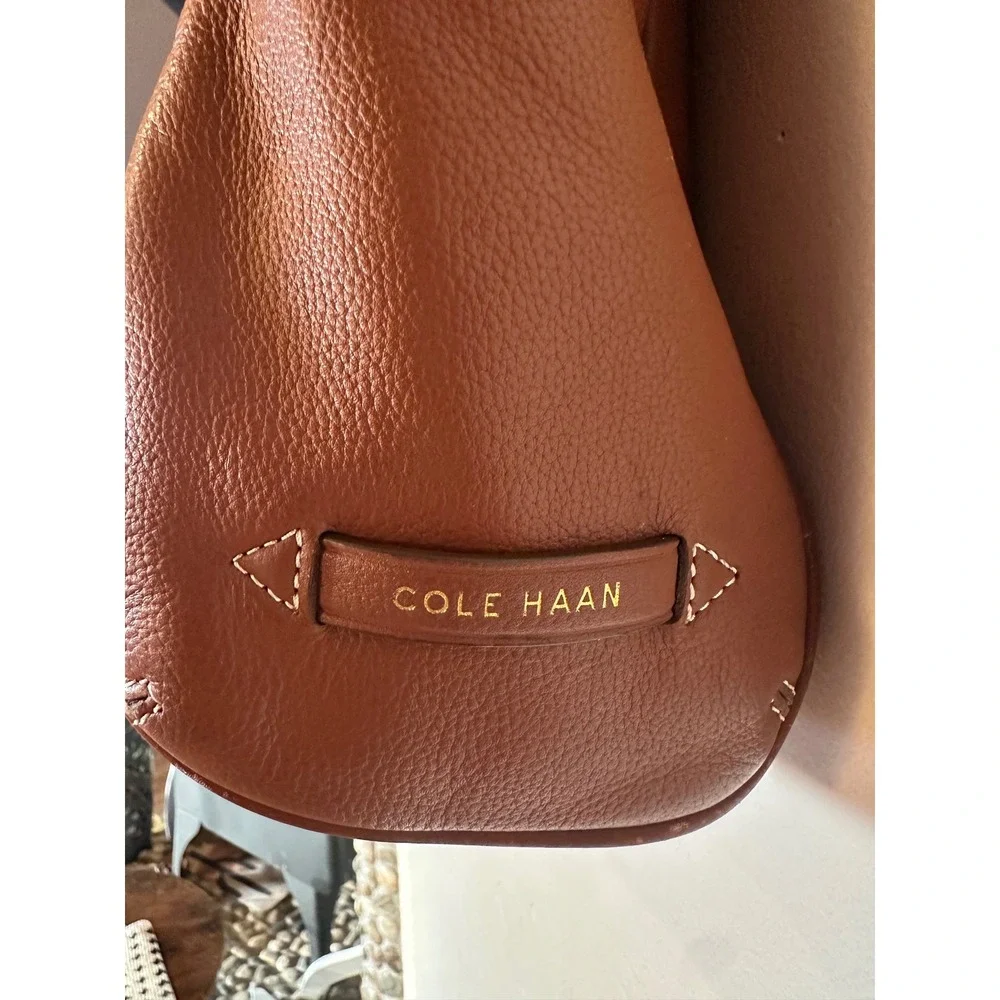 Cole Haan Brown Pebbled Leather Tote Shoulder Bag Tassel Drawstring Whipstitch